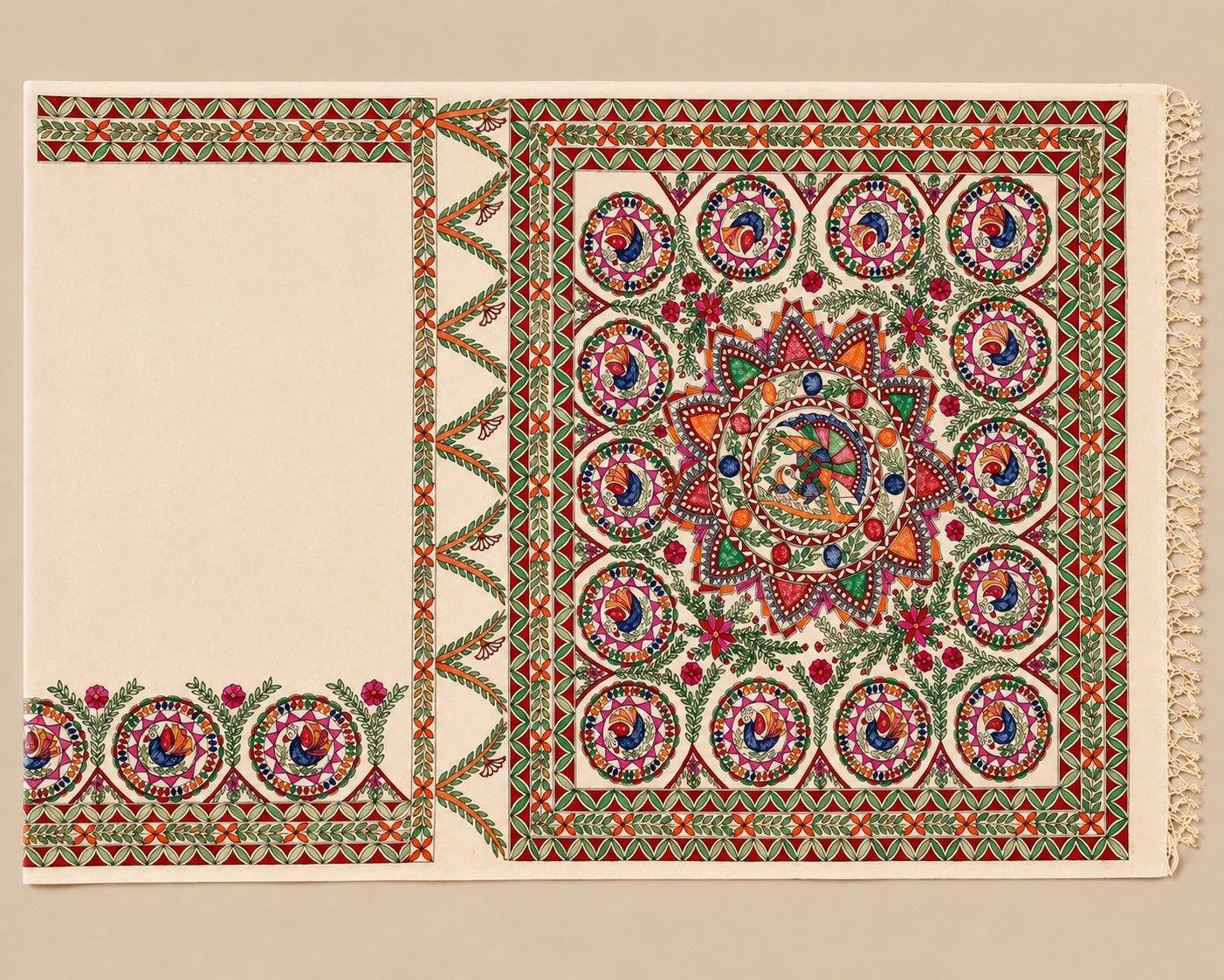 A hand-drawn saree design study in Mithila style on natural paper