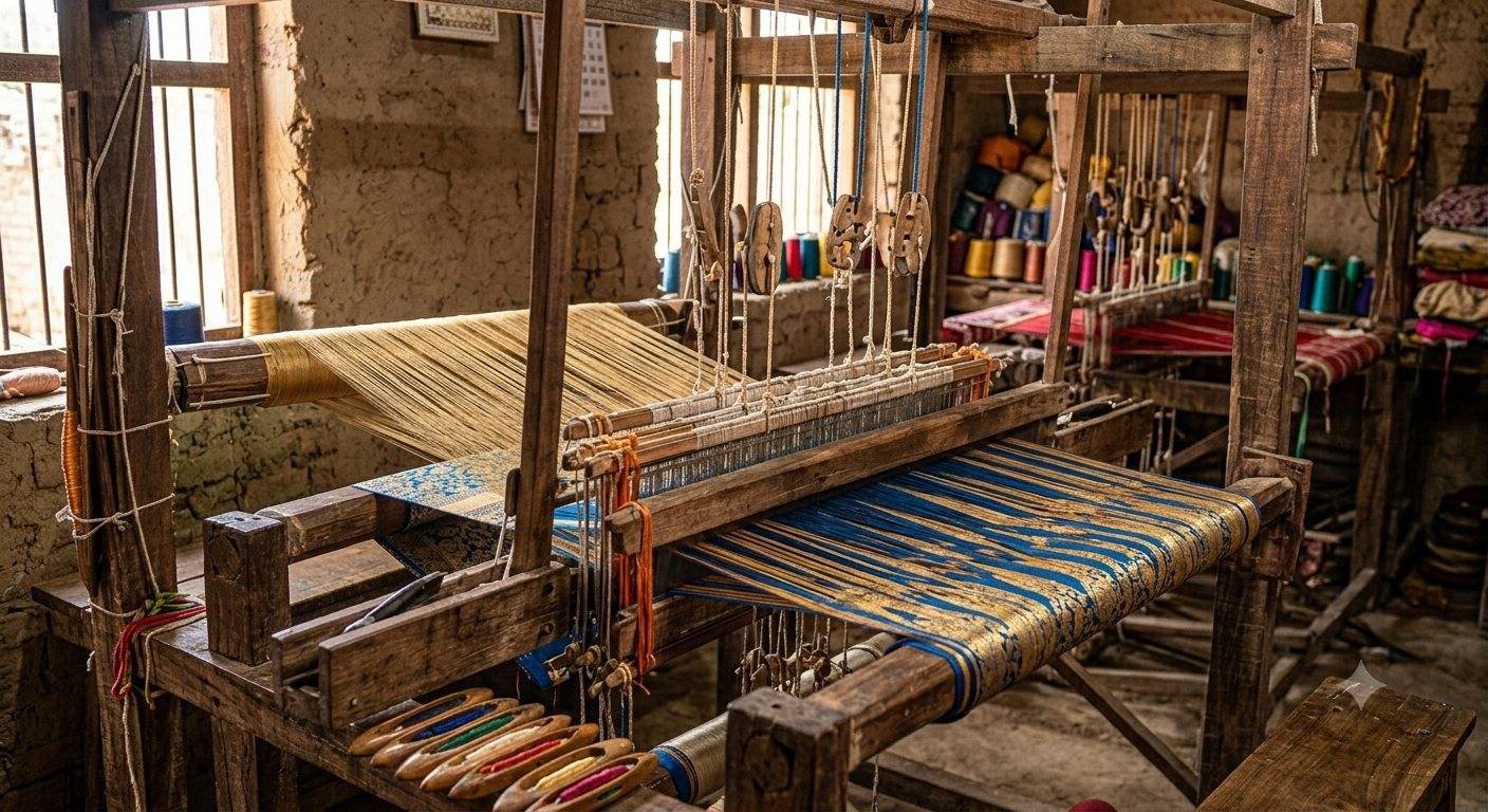 A traditional handloom threaded with warp in indigo and gold