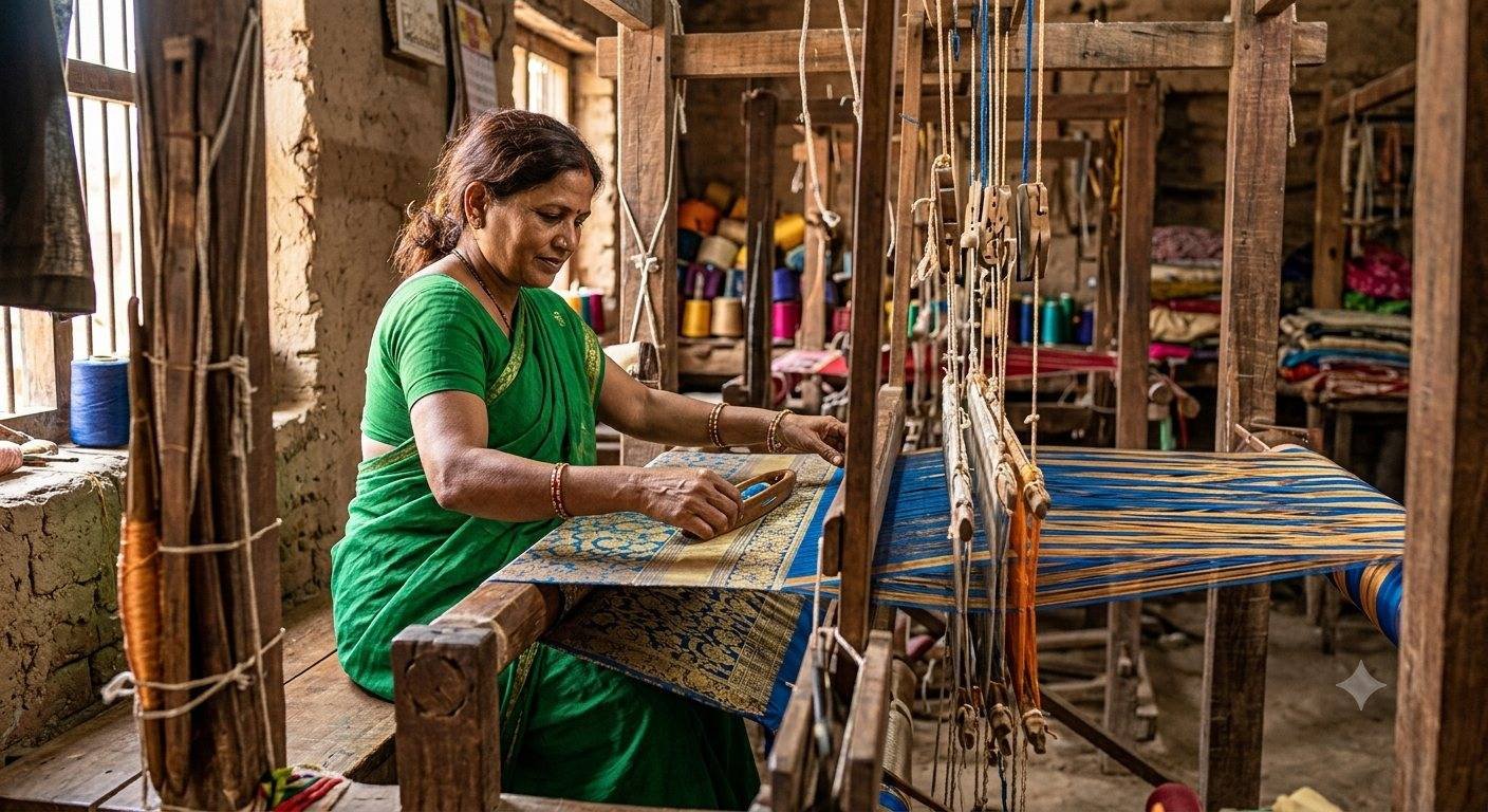 A weaver at a traditional handloom, working an indigo and gold warp