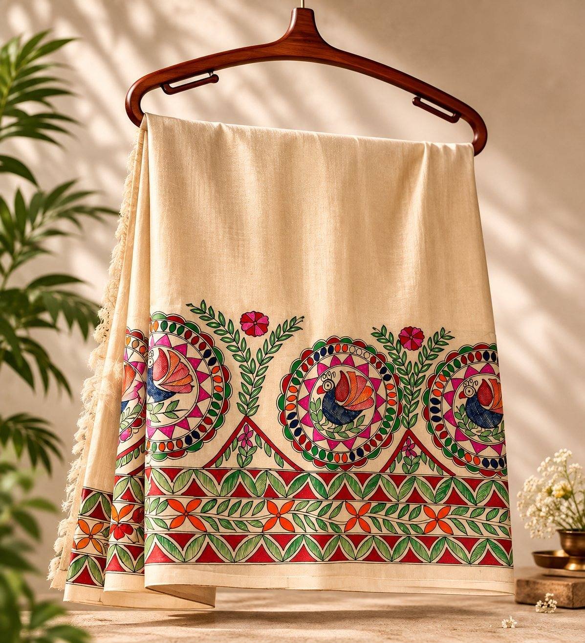 A hand-painted MITHILA MAYUR saree in Pure Bhagalpuri Tussar Silk, draped over a wooden hanger in warm daylight