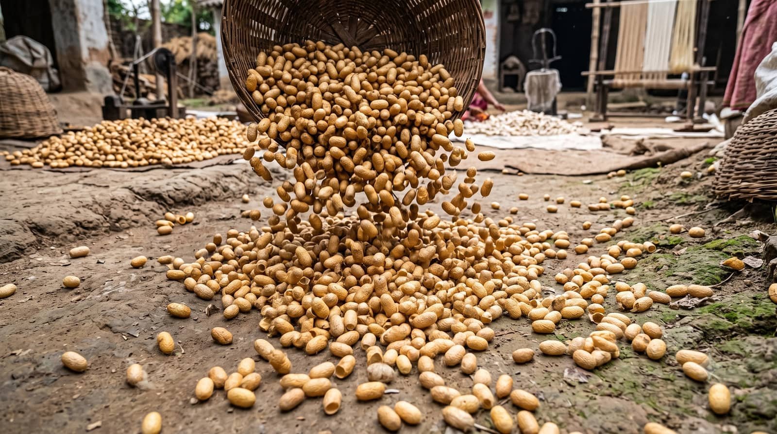 Tussar silk cocoons tipped from a basket onto the ground in a weaving village